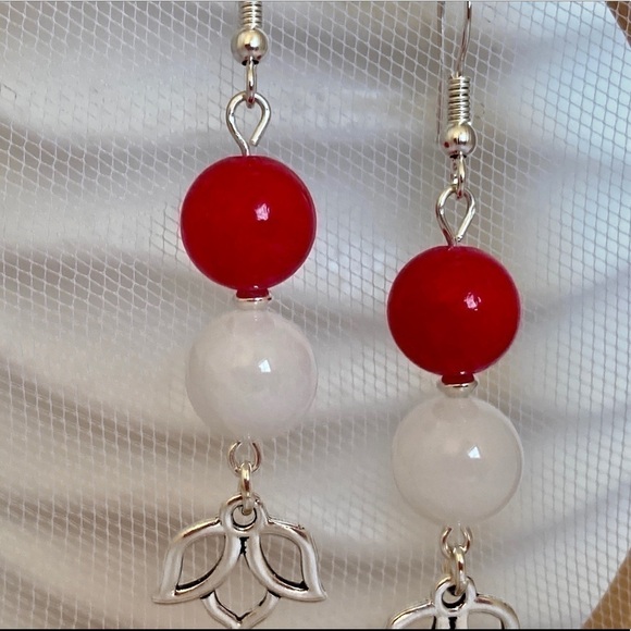 DANGLE Earrings Pink Jade and Milky White Jade Beads Lotus Flower Charms - Picture 2 of 8